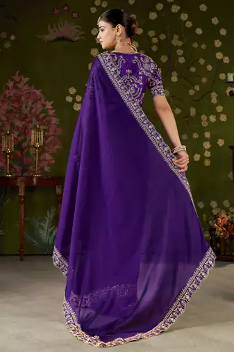 Violet rangoli silk embroidered cutwork lace saree for women with designer blouse piece