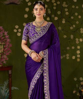 Violet rangoli silk embroidered cutwork lace saree for women with designer blouse piece 3