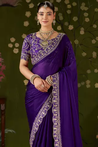 Violet rangoli silk embroidered cutwork lace saree for women with designer blouse piece