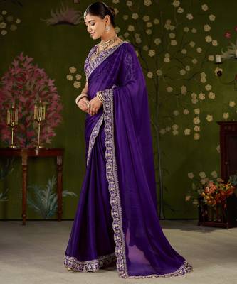Violet rangoli silk embroidered cutwork lace saree for women with designer blouse piece 4