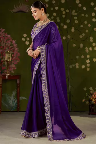 Violet rangoli silk embroidered cutwork lace saree for women with designer blouse piece