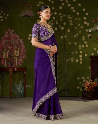 Violet rangoli silk embroidered cutwork lace saree for women with designer blouse piece 5