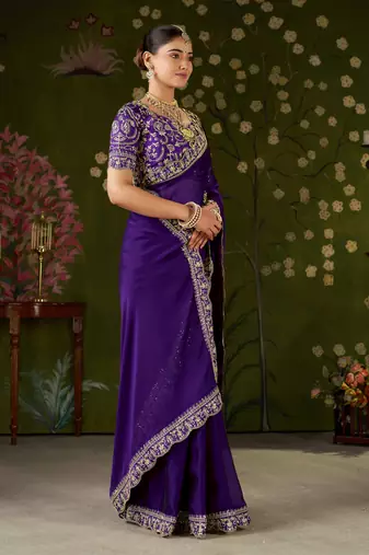 Violet rangoli silk embroidered cutwork lace saree for women with designer blouse piece