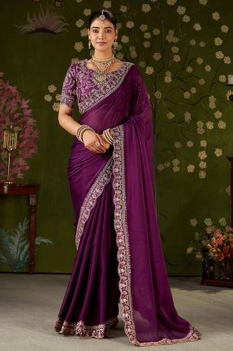 Wine rangoli silk embroidered cutwork lace saree for women with designer blouse piece