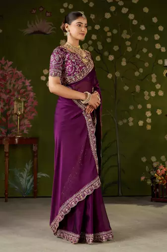 Wine rangoli silk embroidered cutwork lace saree for women with designer blouse piece