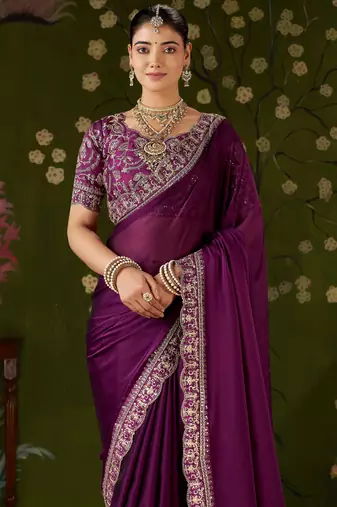 Wine rangoli silk embroidered cutwork lace saree for women with designer blouse piece