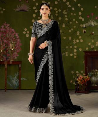 Black rangoli silk saree with embroidered designer blouse piece 1