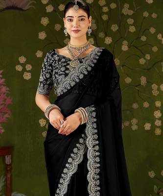 Black rangoli silk saree with embroidered designer blouse piece 3