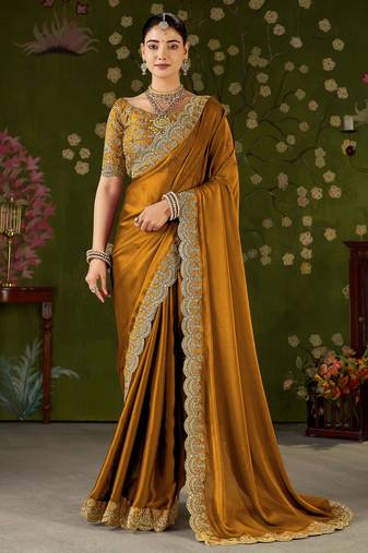 Mustard black rangoli silk saree with embroidered designer blouse piece