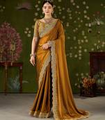 Mustard black rangoli silk saree with embroidered designer blouse piece