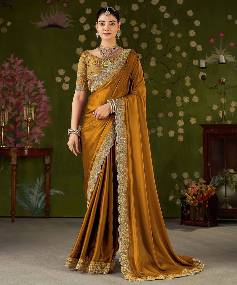 Mustard black rangoli silk saree with embroidered designer blouse piece