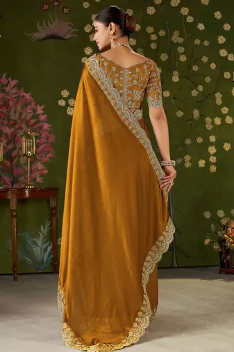 Mustard black rangoli silk saree with embroidered designer blouse piece