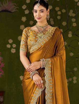 Mustard black rangoli silk saree with embroidered designer blouse piece 3