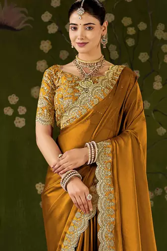 Mustard black rangoli silk saree with embroidered designer blouse piece