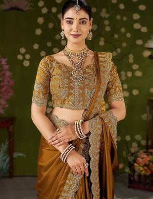Mustard black rangoli silk saree with embroidered designer blouse piece 5
