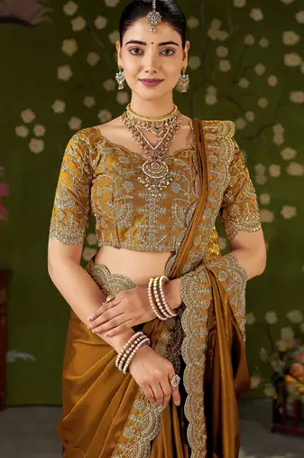 Mustard black rangoli silk saree with embroidered designer blouse piece