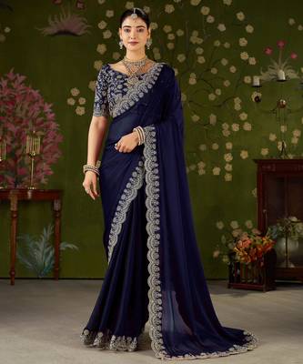 Navy blue rangoli silk saree with embroidered designer blouse piece 1