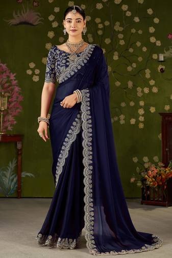 Navy blue rangoli silk saree with embroidered designer blouse piece