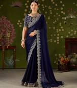Navy blue rangoli silk saree with embroidered designer blouse piece