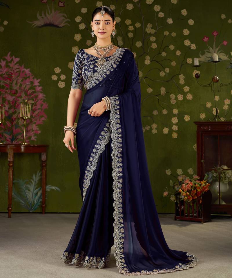 Navy blue rangoli silk saree with embroidered designer blouse piece