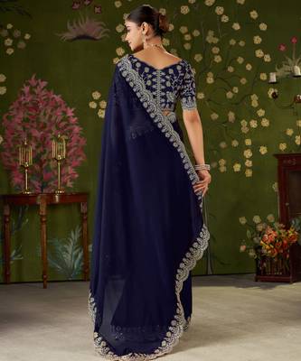 Navy blue rangoli silk saree with embroidered designer blouse piece 2