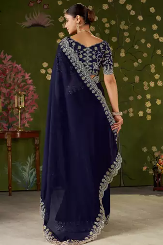 Navy blue rangoli silk saree with embroidered designer blouse piece
