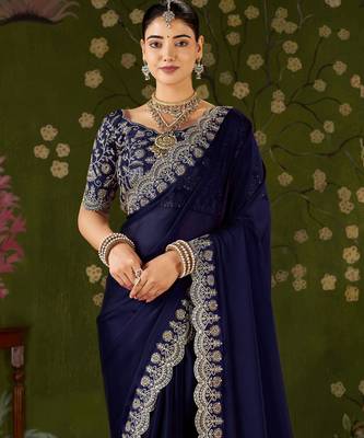 Navy blue rangoli silk saree with embroidered designer blouse piece 3