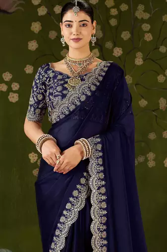 Navy blue rangoli silk saree with embroidered designer blouse piece