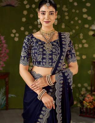 Navy blue rangoli silk saree with embroidered designer blouse piece 4