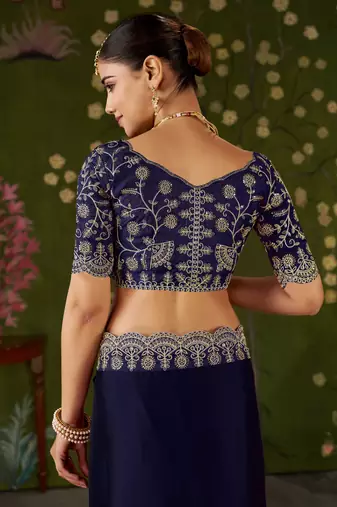 Navy blue rangoli silk saree with embroidered designer blouse piece