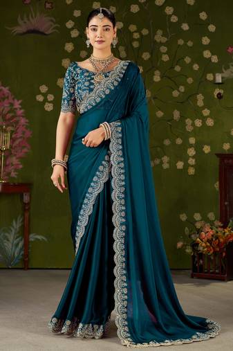 Rama green rangoli silk saree with embroidered designer blouse piece
