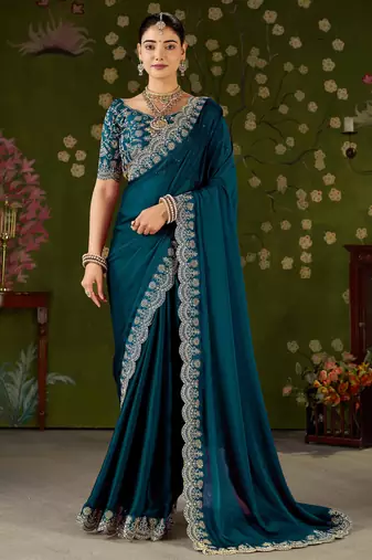 Rama green rangoli silk saree with embroidered designer blouse piece