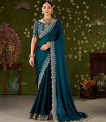 Rama green rangoli silk saree with embroidered designer blouse piece
