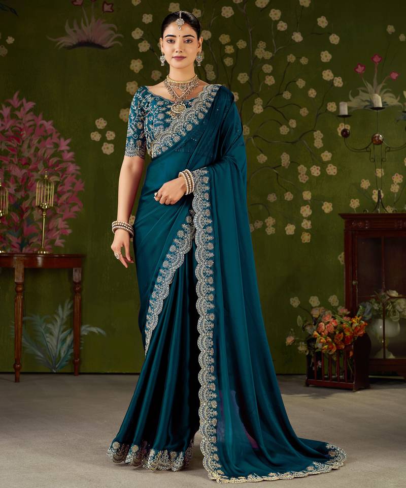 Rama green rangoli silk saree with embroidered designer blouse piece