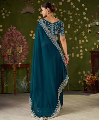 Rama green rangoli silk saree with embroidered designer blouse piece 2