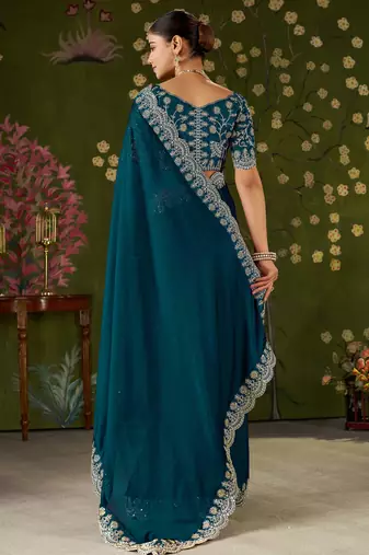 Rama green rangoli silk saree with embroidered designer blouse piece