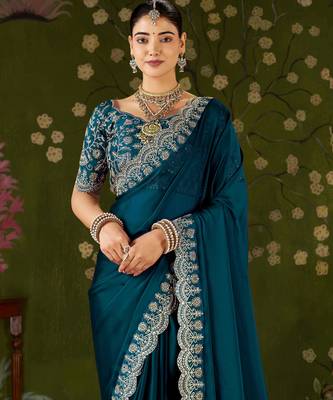 Rama green rangoli silk saree with embroidered designer blouse piece 3