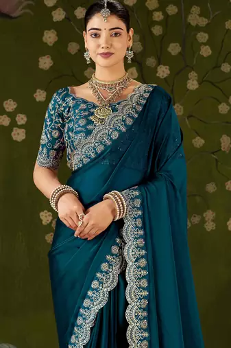 Rama green rangoli silk saree with embroidered designer blouse piece