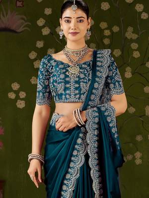 Rama green rangoli silk saree with embroidered designer blouse piece 4