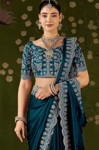 Rama green rangoli silk saree with embroidered designer blouse piece