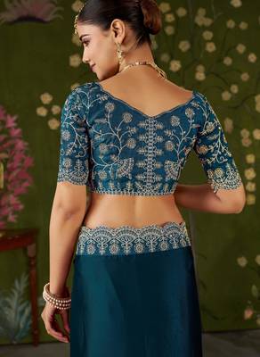Rama green rangoli silk saree with embroidered designer blouse piece 5