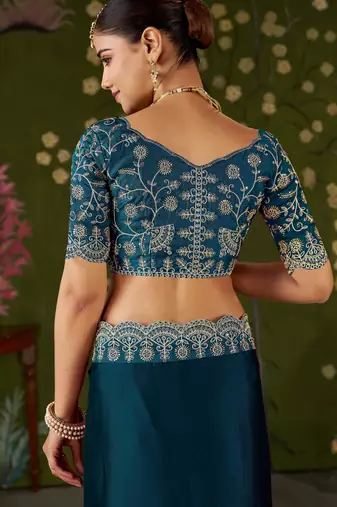 Rama green rangoli silk saree with embroidered designer blouse piece