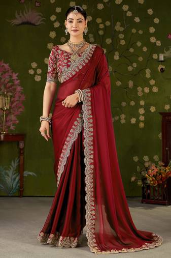 Red rangoli silk saree with embroidered designer blouse piece