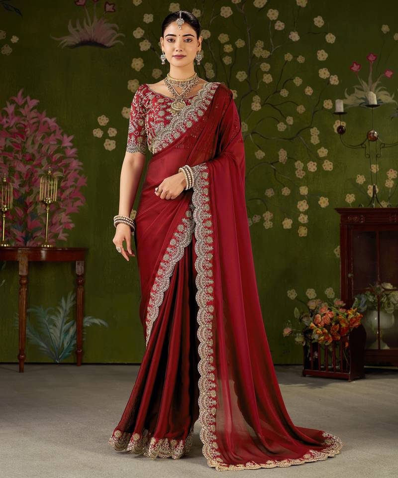 Red rangoli silk saree with embroidered designer blouse piece