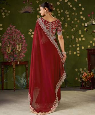 Red rangoli silk saree with embroidered designer blouse piece 2