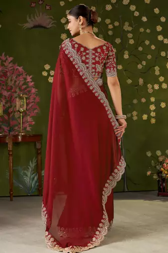 Red rangoli silk saree with embroidered designer blouse piece