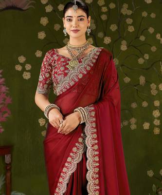 Red rangoli silk saree with embroidered designer blouse piece 3