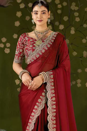 Red rangoli silk saree with embroidered designer blouse piece