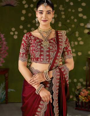 Red rangoli silk saree with embroidered designer blouse piece 4