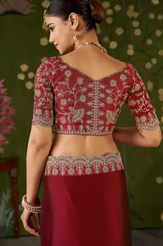 Red rangoli silk saree with embroidered designer blouse piece